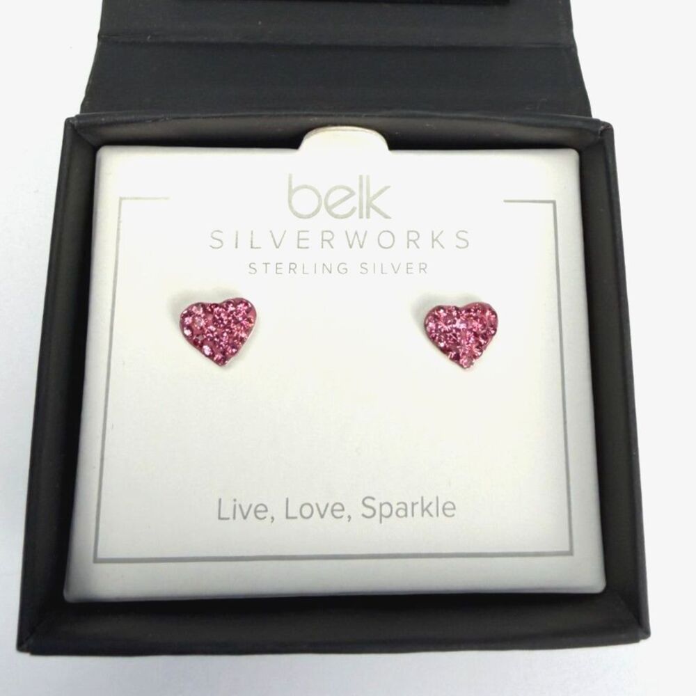 Belk Silverworks Sterling Silver Pink Heart Stud Earrings NIB Gift Box